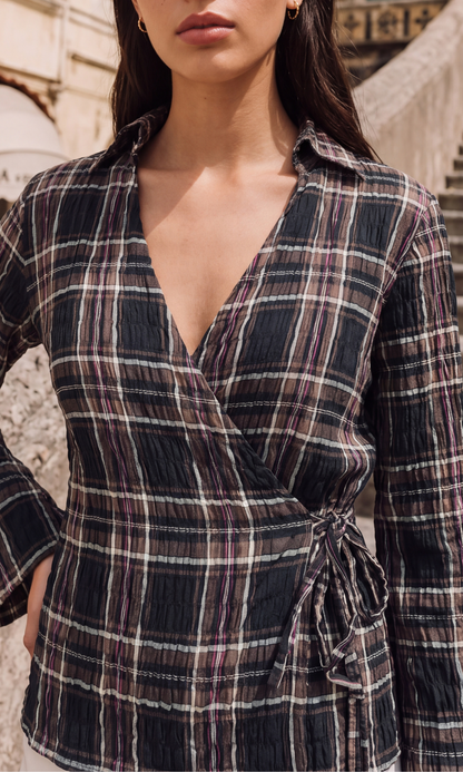 Brown Check Bell-Sleeve Kimono Top