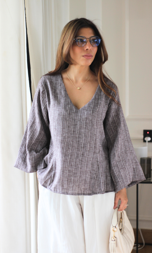Taupe Textured V-Neck Peplum Top