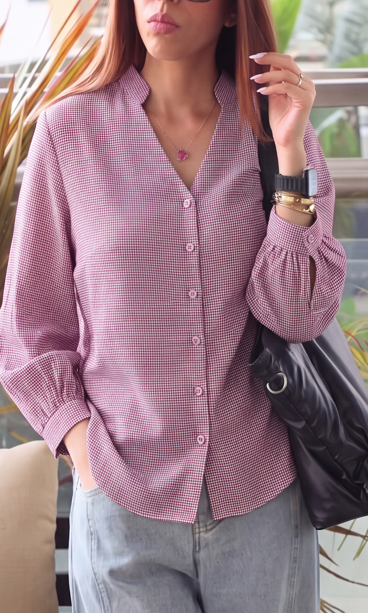 Wine Houndstooth Button-Front Top