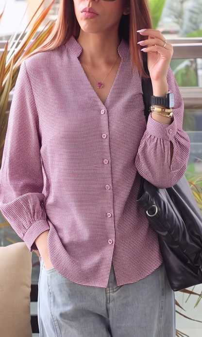 Wine Houndstooth Button-Front Top