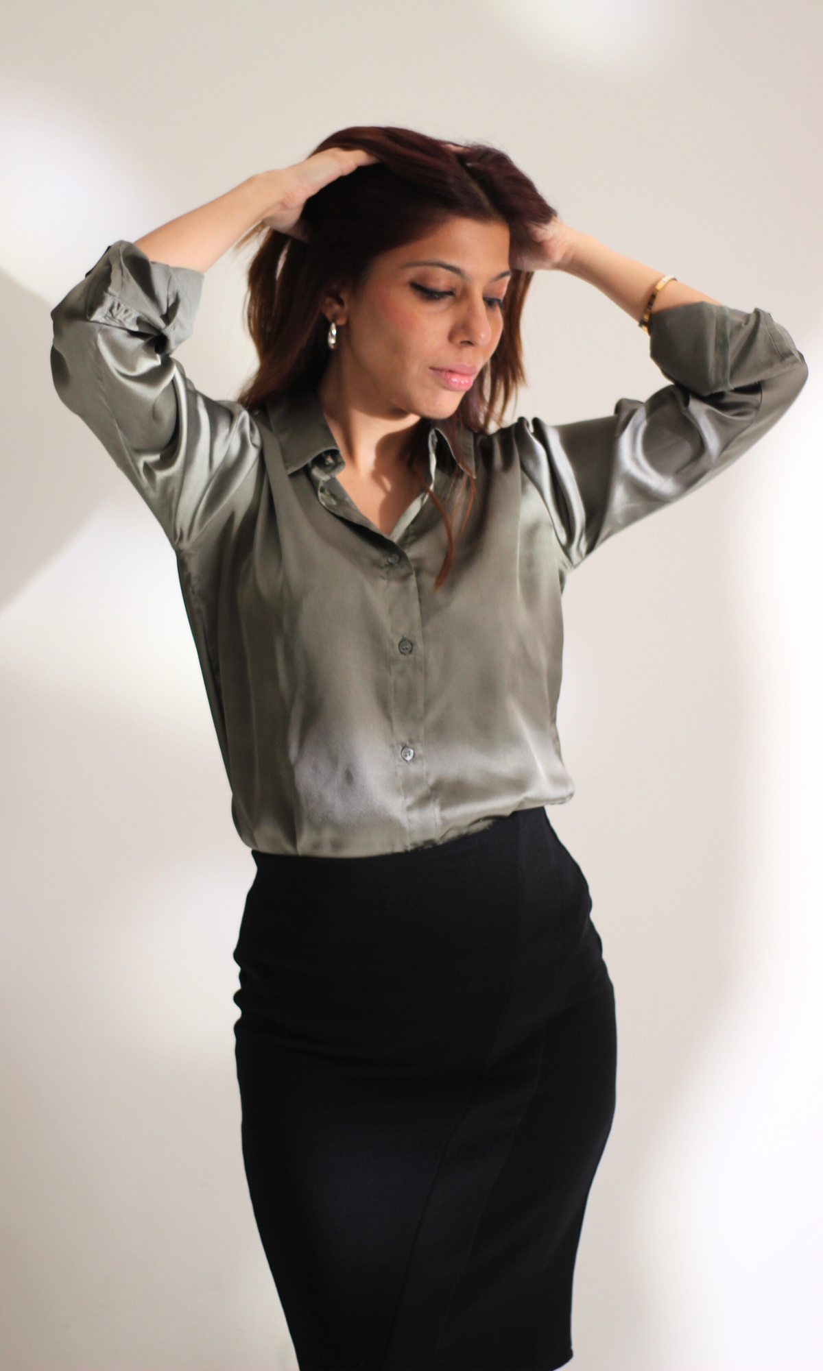 Greenish Gray Sleeved Satin Shirt