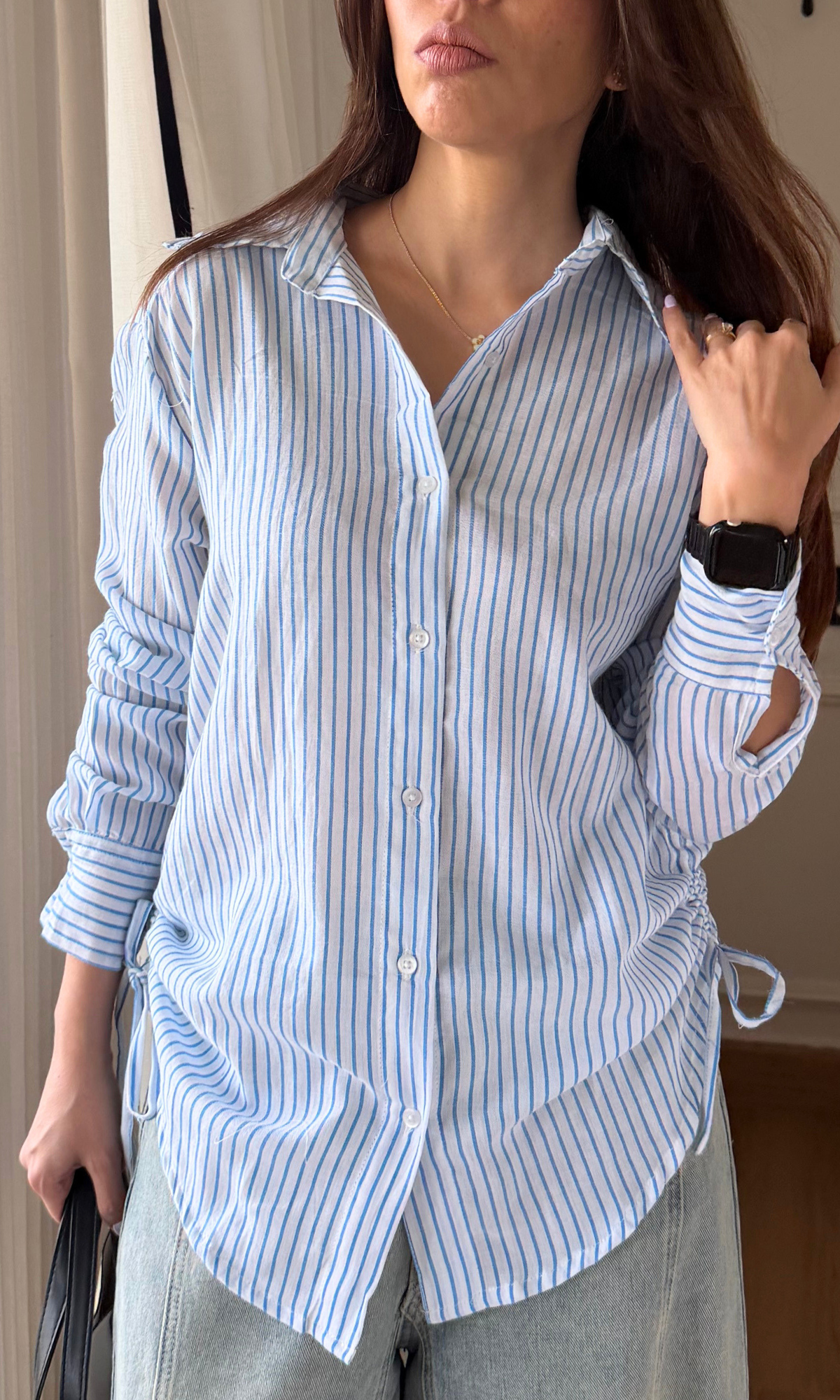 Sky Blue Stripes Drawstring Shirt