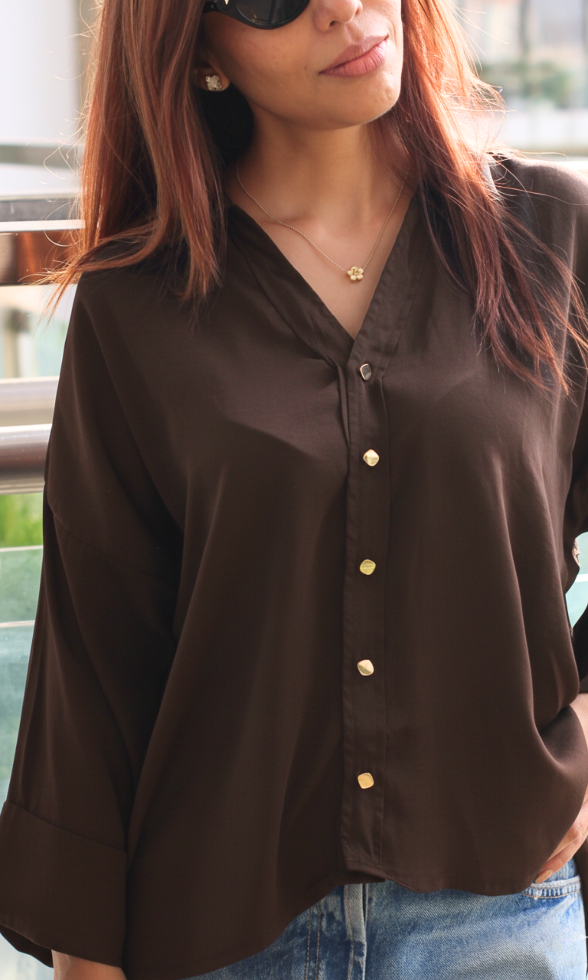 Brown Sleeved Metallic Buttoned Shirt