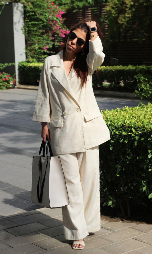 Oatmeal Weave Textured Blazer with Straight Pants Co-ord