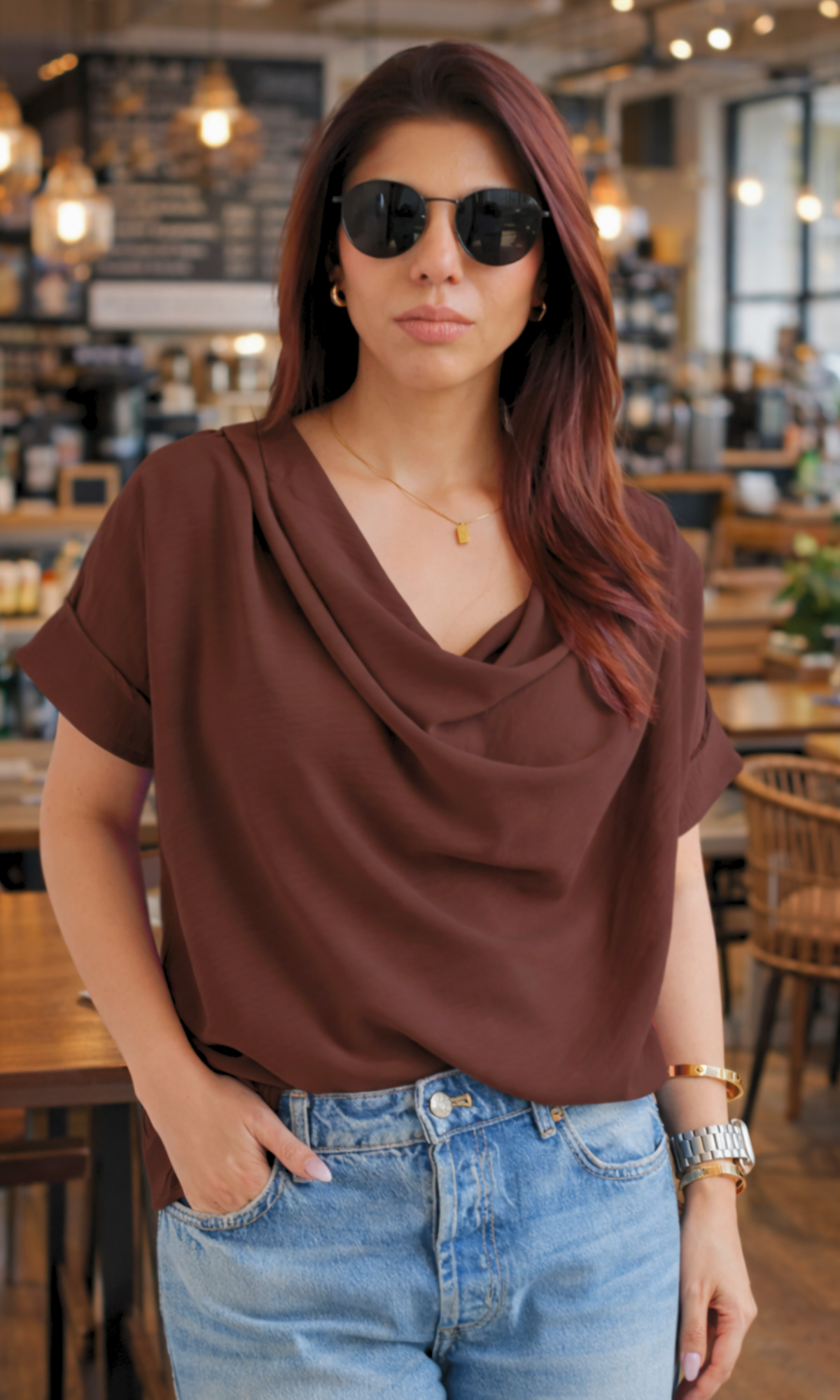 Cocoa Flowing Cowl Neck Top