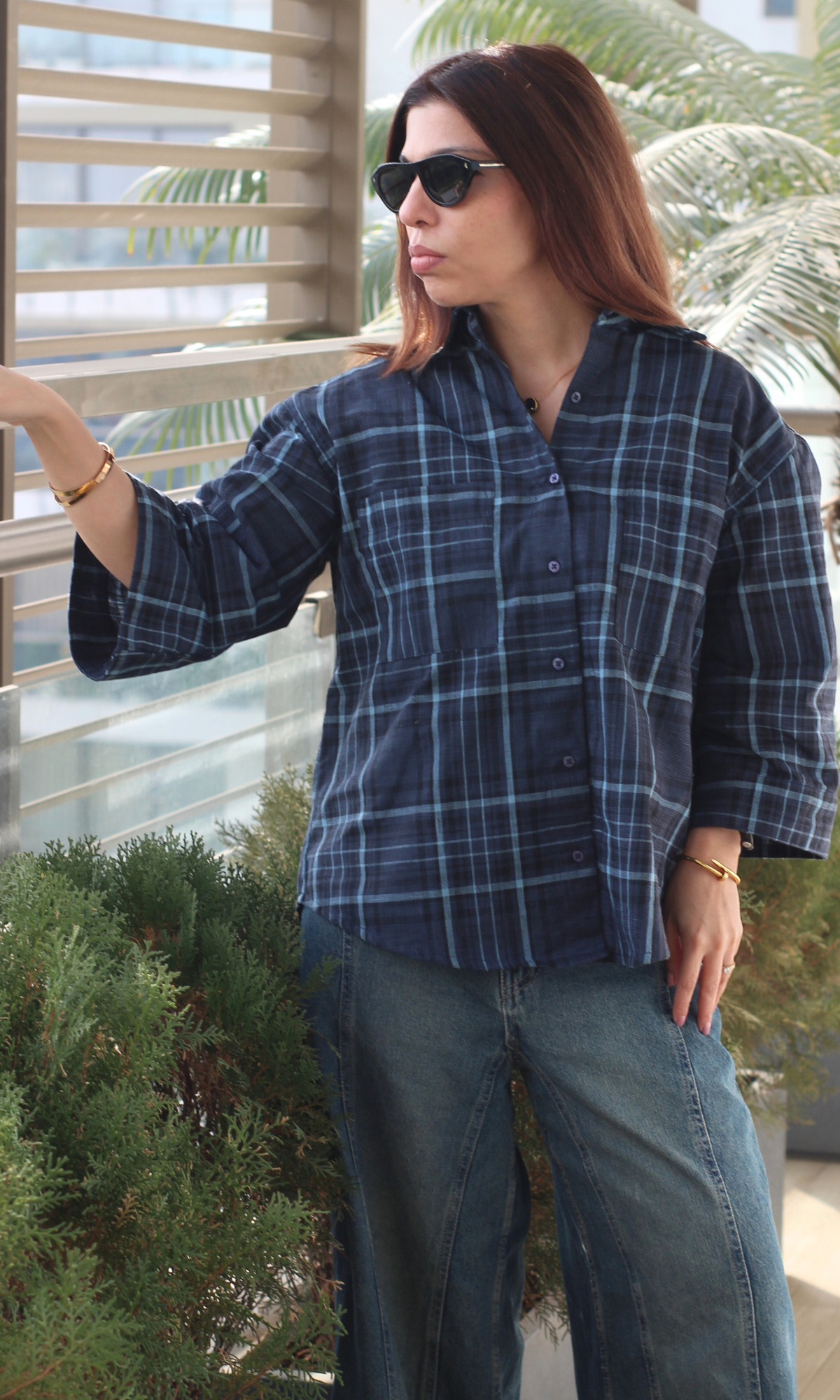 Navy Checked Flared Sleeve Shirt