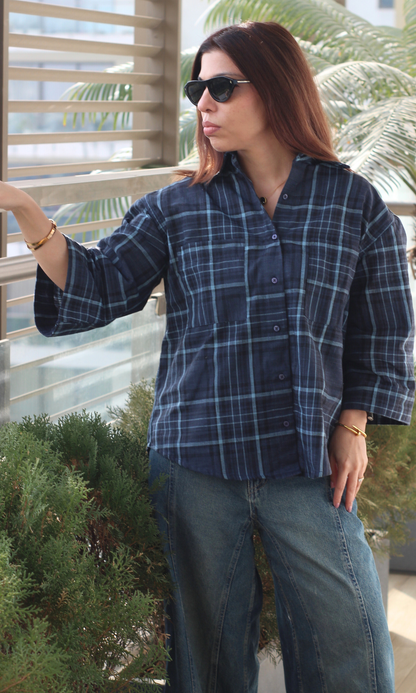 Navy Checked Flared Sleeve Shirt