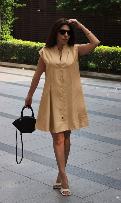 Tan Thread Detail Metallic Buttoned Dress