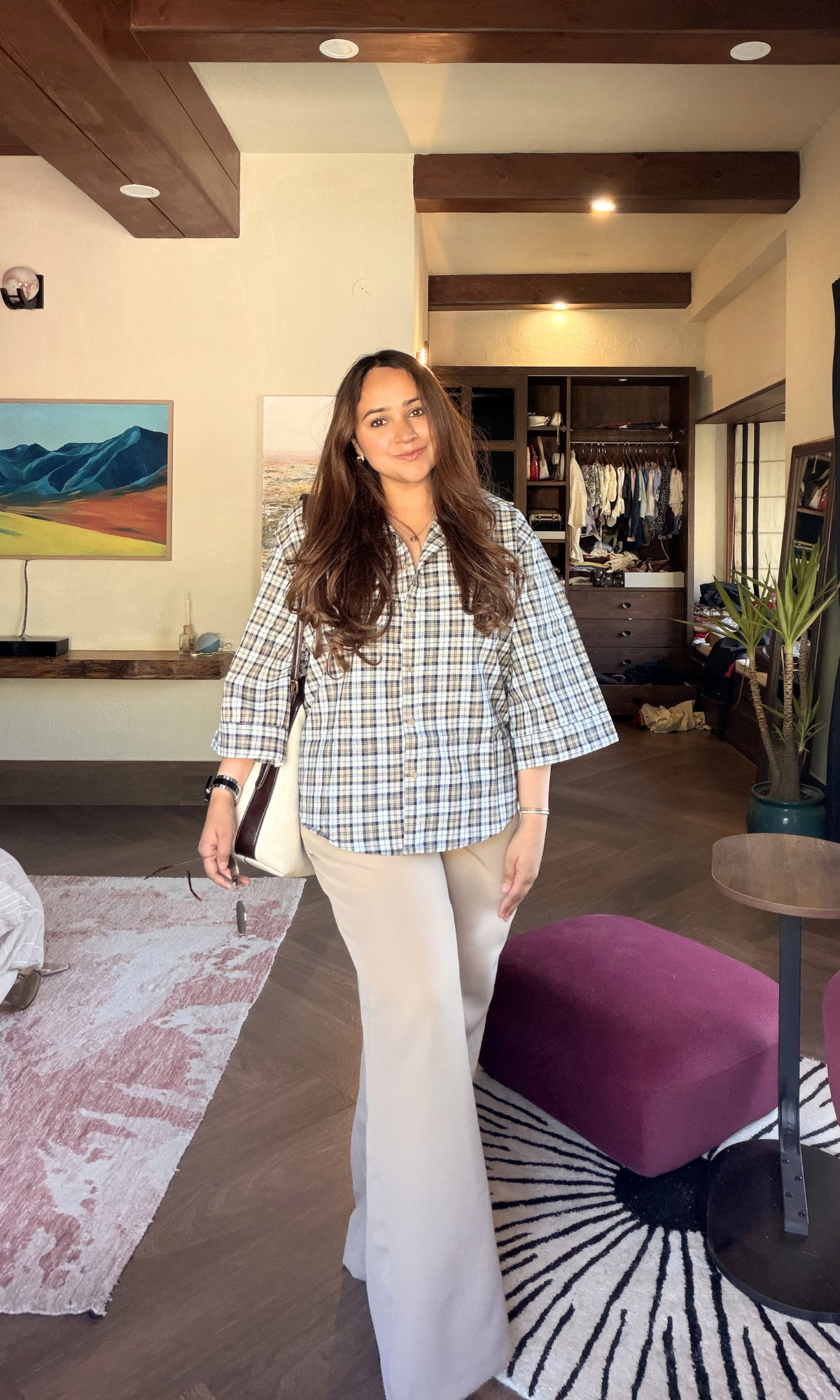 Beige-Black Flared Sleeved Shirt
