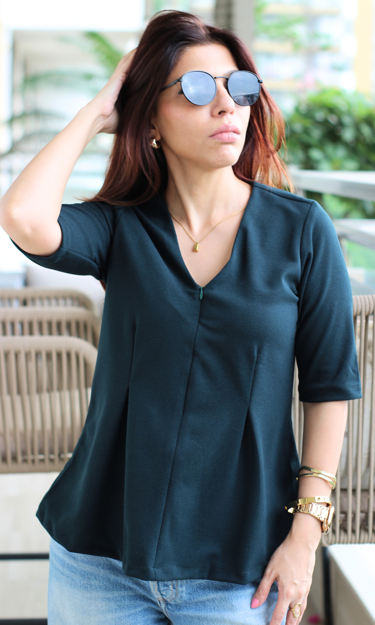 Dark Pine Sleek-Pleat Detail Top
