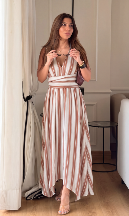 Copper Stripe Wrap Handkerchief Hem Midi Dress