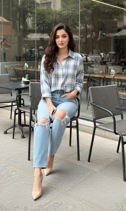 Women’s blue block-checked cotton shirt, regular collar, button-down front and relaxed silhouette — ideal for casual layering.