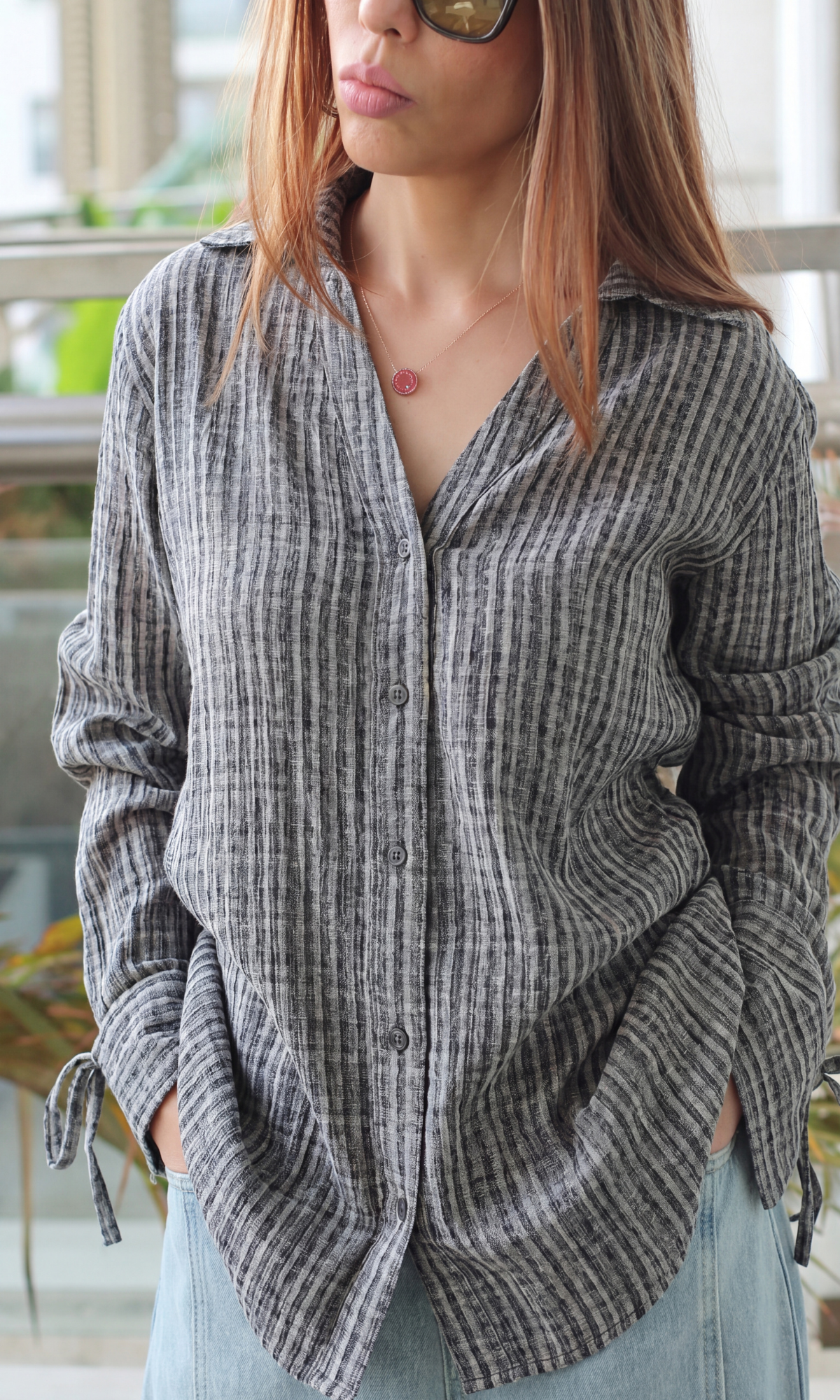 Grey Textured Tie-Cuff Shirt