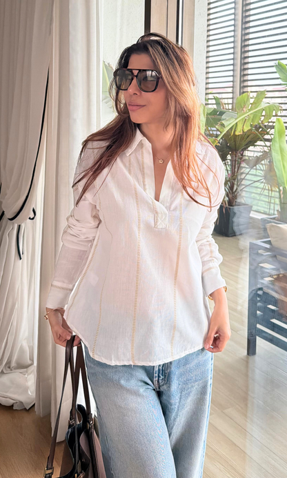 Ivory Linen Woven Stripe Popover Top