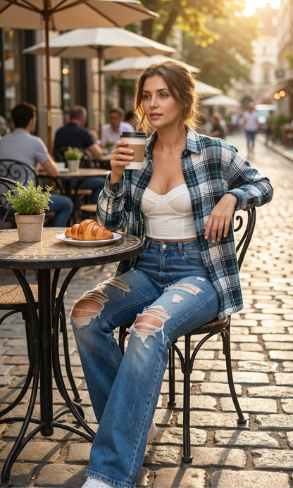 Teal-White Plaid Cotton Checked Shirt
