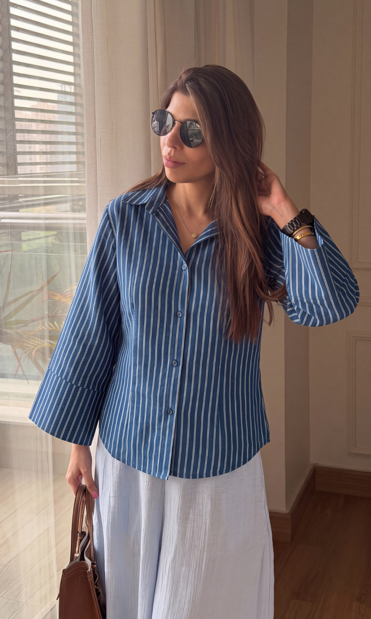 Navy Stripe Tailored Peplum Shirt