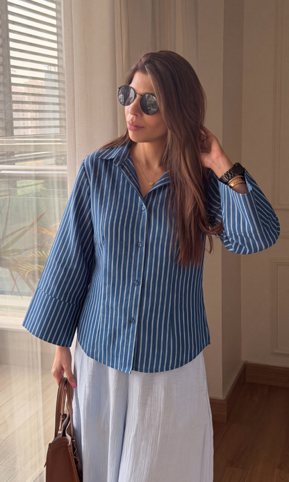 Navy Stripe Tailored Peplum Shirt