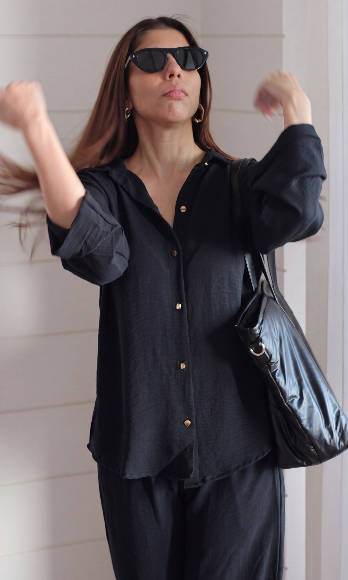 Black Metallic-Buttoned Shirt and Pants Co-ord