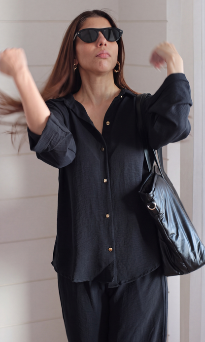 Black Metallic-Buttoned Shirt and Pants Co-ord