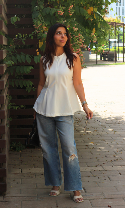 White Sleek-Pleat Detail Top