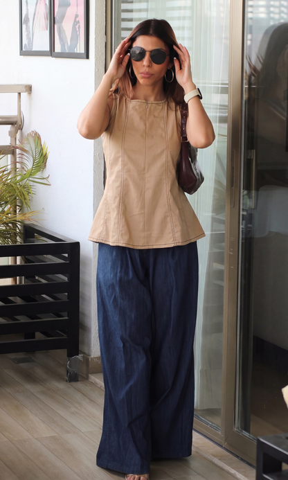 Tan Denim Cotton Flared Top