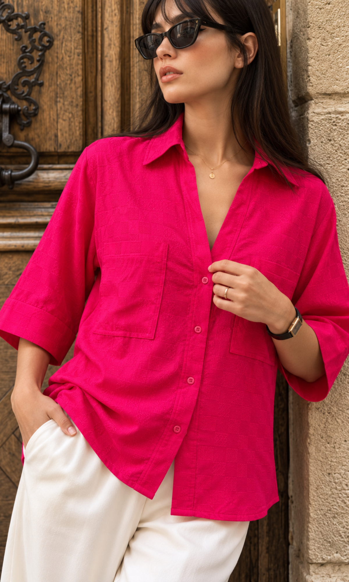Berry Magenta Diamond Jacquard Loose Shirt