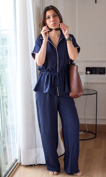 Navy Contrast-Piped Tie-Waist Shirt Co-ord