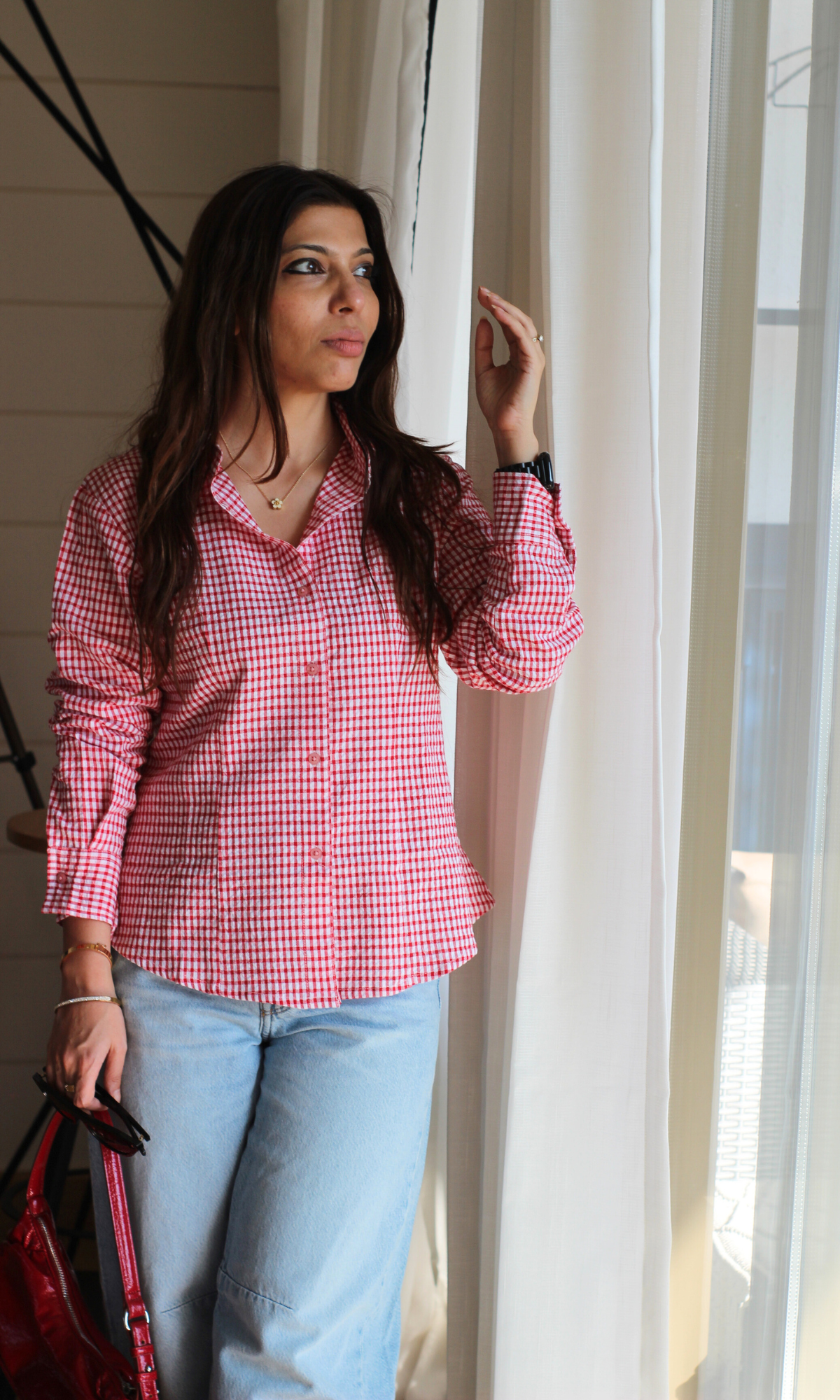 Red Gingham-Check Peplum Shirt