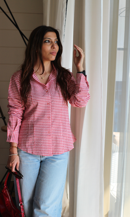 Red Gingham-Check Peplum Shirt