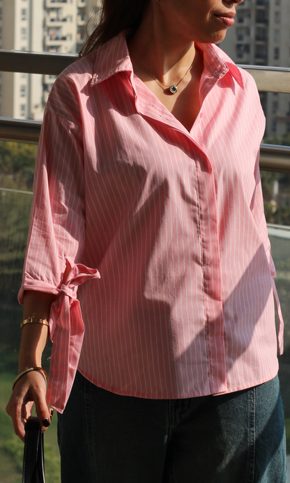 Bow Detail Pink Pinstripe Shirt