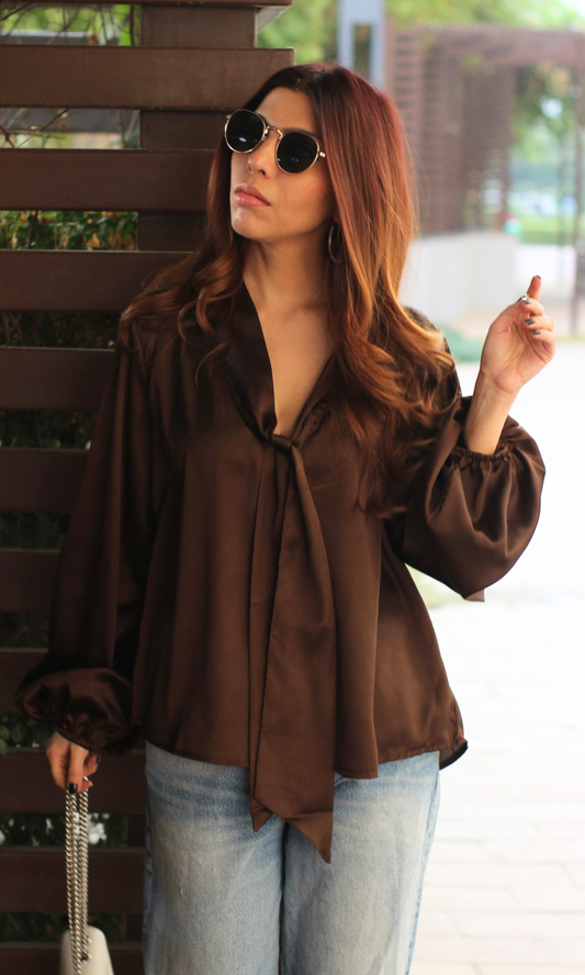 Walnut Tie Detail Balloon Sleeved Top