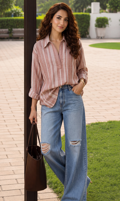 Terracotta Striped Popover Top