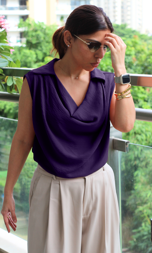 Woman wearing the Wineberry Collared Cowl Neck Top with soft draping and a structured collar, paired with tailored pants