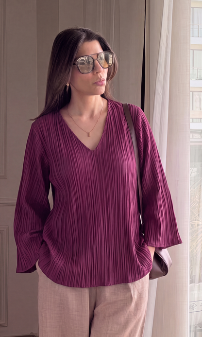 Wine Pleated V-Neck Top