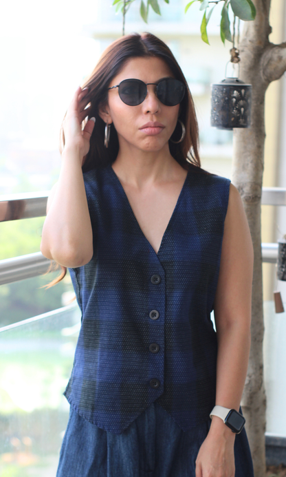 Blue Noir Checked Cotton Waistcoat