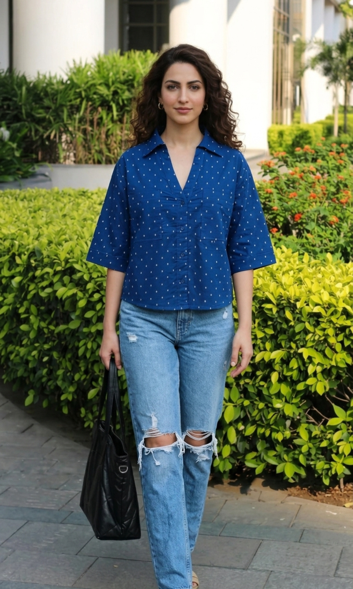 Indigo Dobby Cotton Cropped Shirt