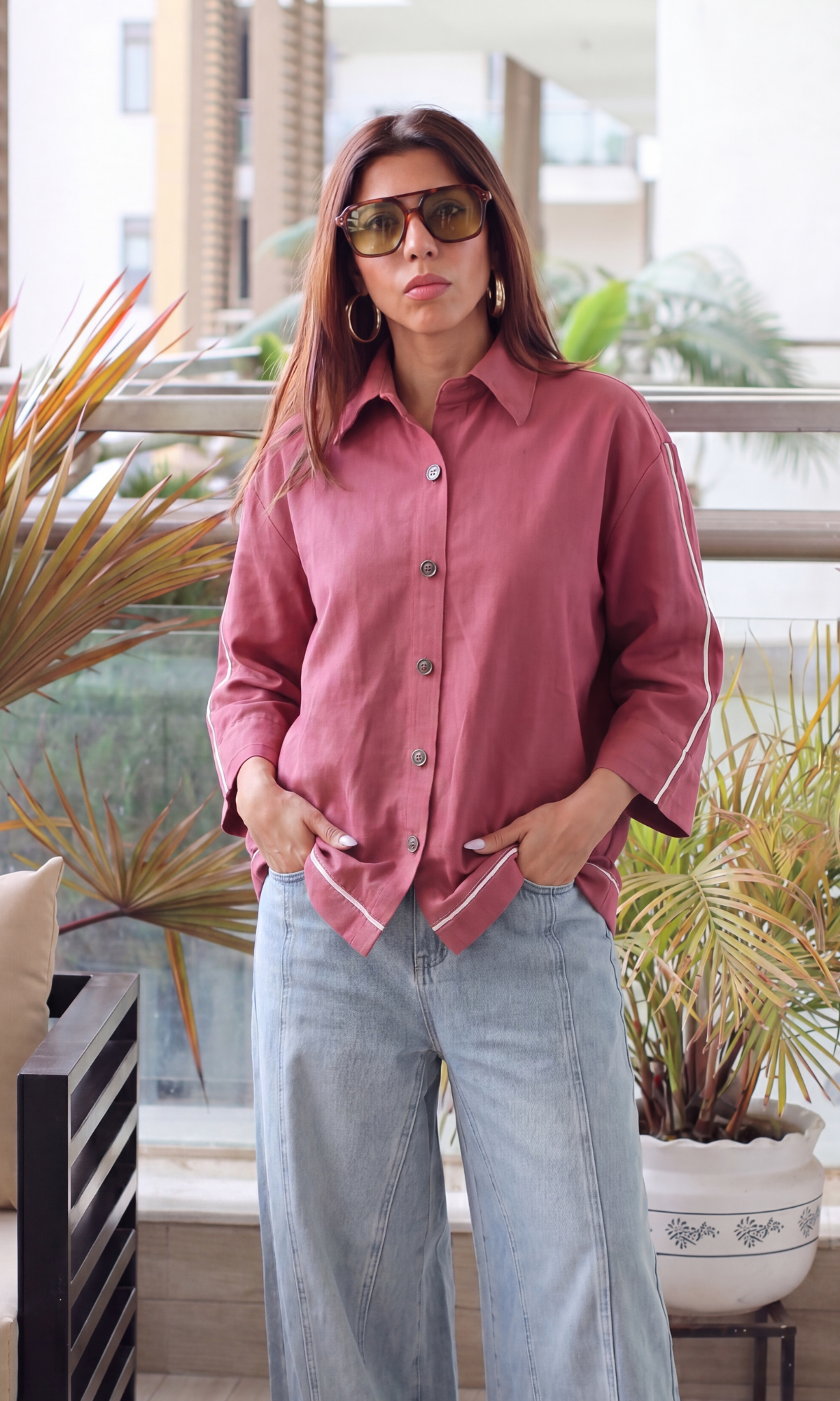 Dusty Rose Contrast Piping Shirt