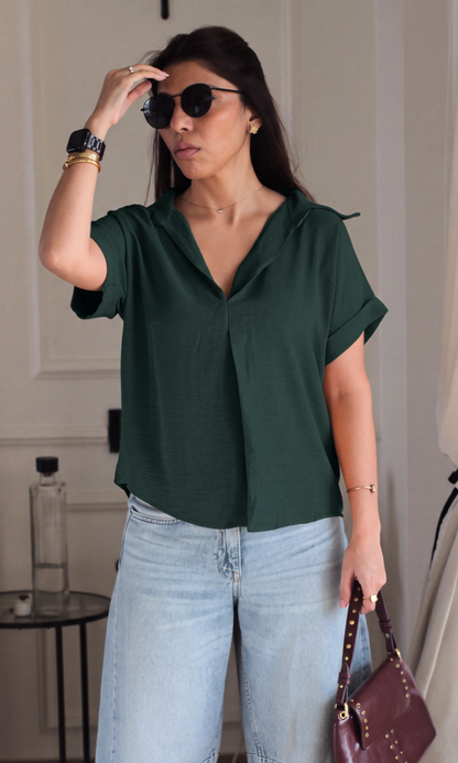 Pine Green Gathered V-Neck Top