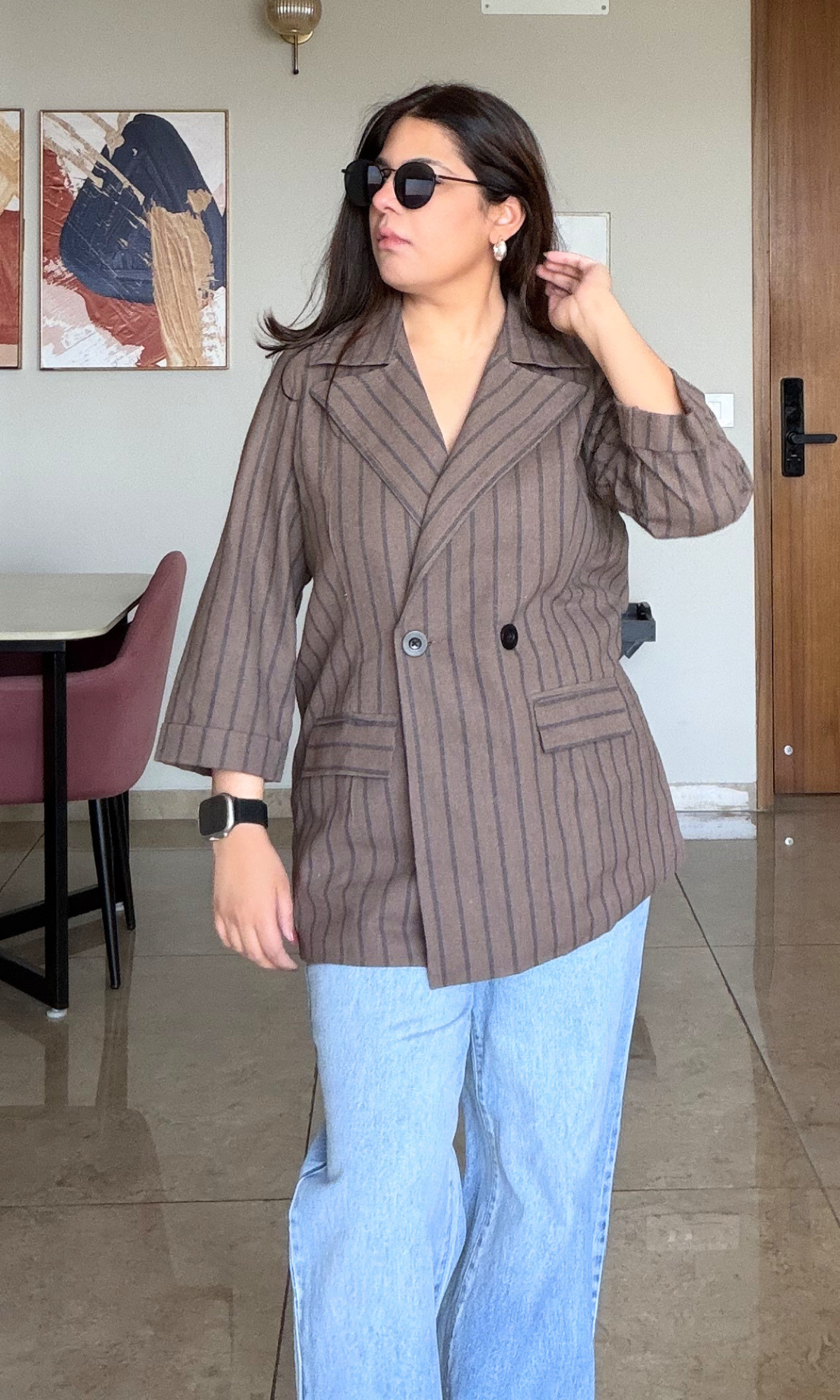 Mocha Striped Cotton Blazer