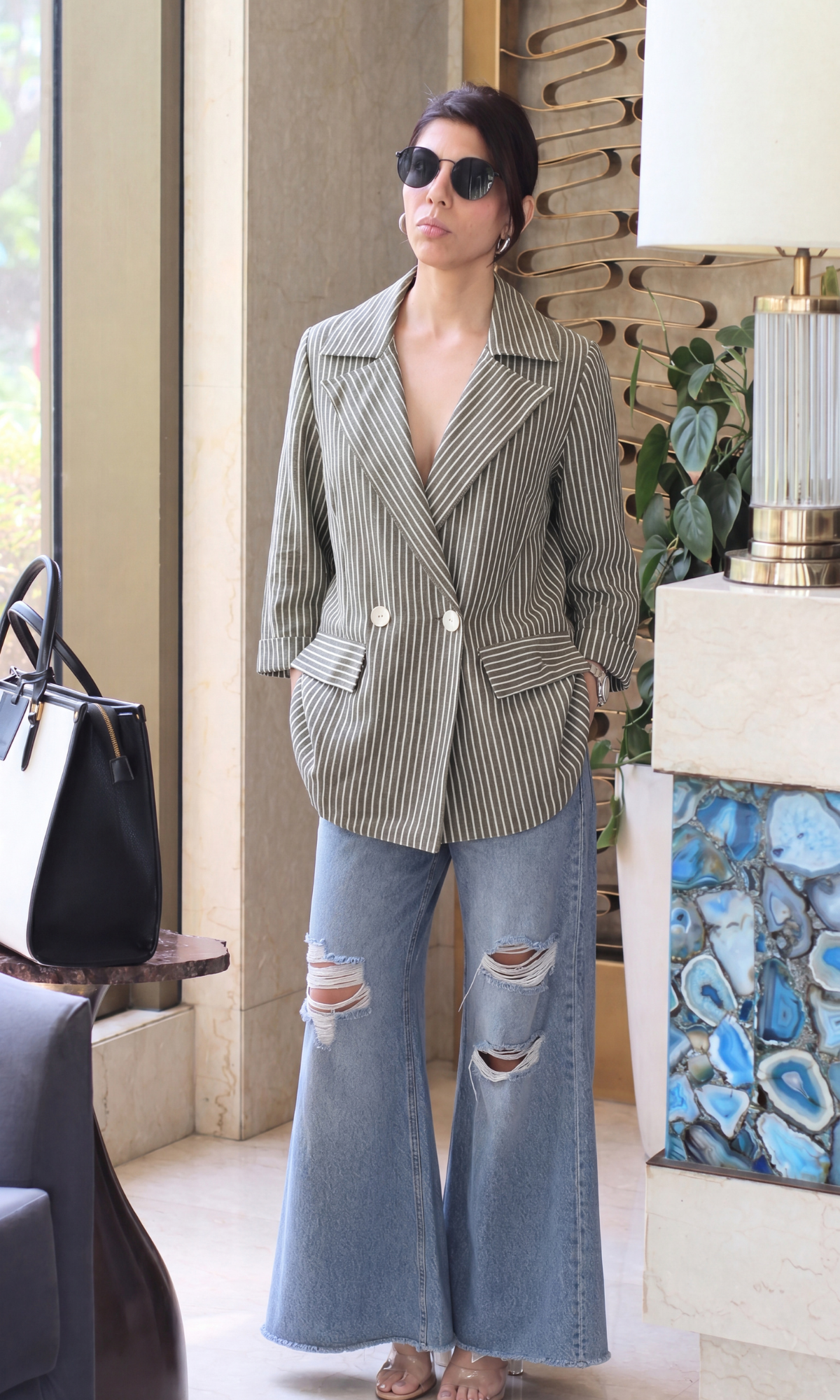 Olive Pinstripe Double-Breasted Blazer