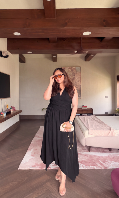 Black Handkerchief Hem Midi Dress