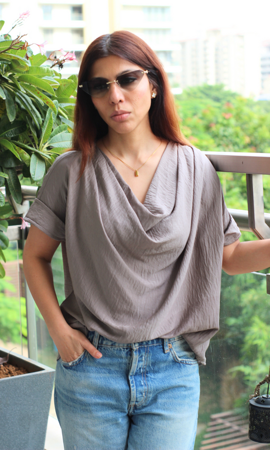 Stone Taupe Cowl Neck Top