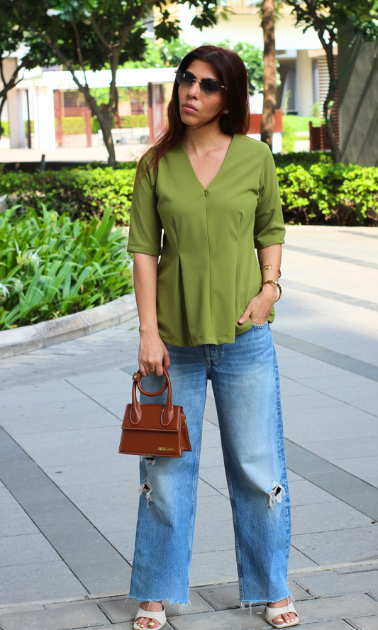 Pear Green Sleek-Pleat Detail Top