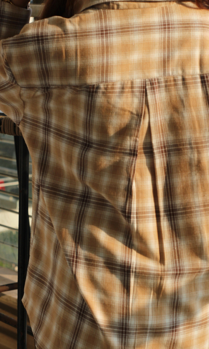 Back view of women’s hazel plaid checked shirt showing relaxed fit and classic pattern