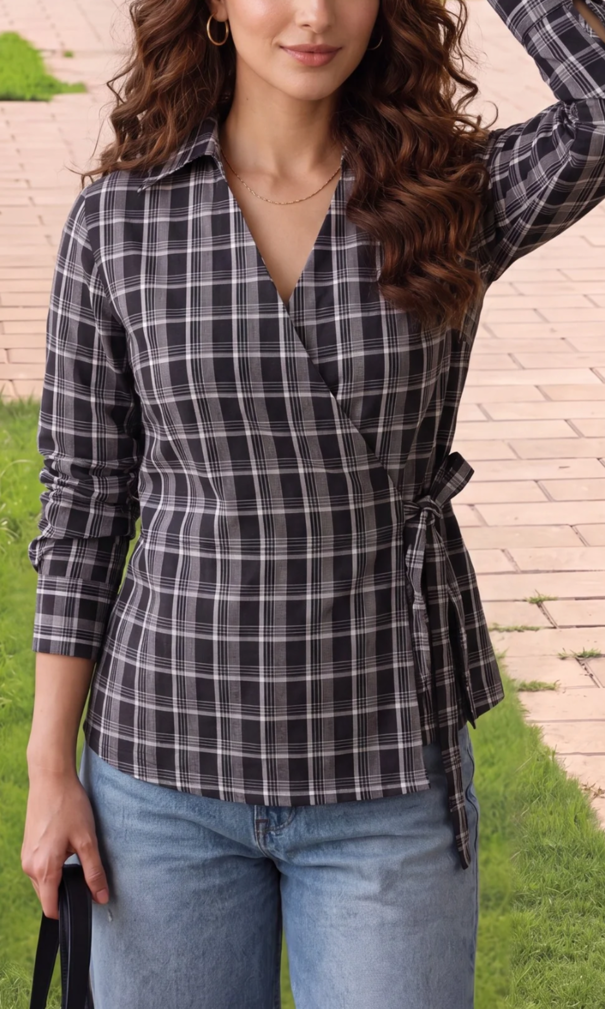 Black Check Kimono Top