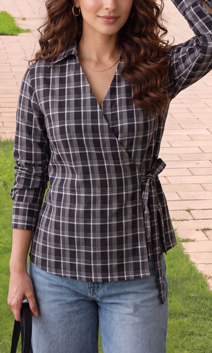 Black Check Kimono Top