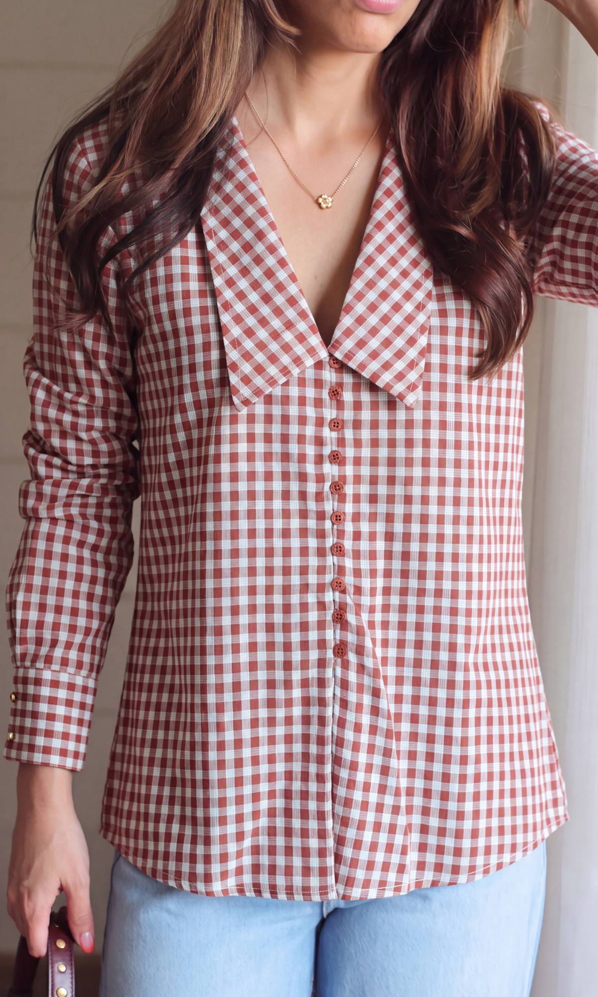 Red White Gingham Oversized Collar Shirt