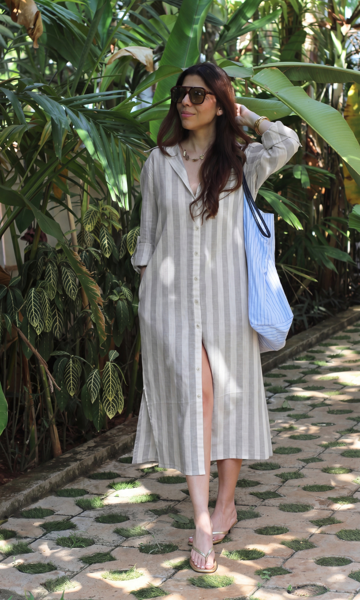 Ivory Greige Stripe Shirt Dress