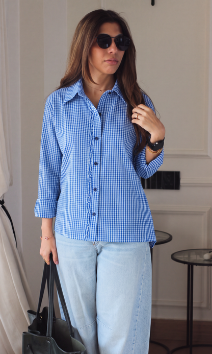 Fringe Blue High-Low Hem Plaid Shirt