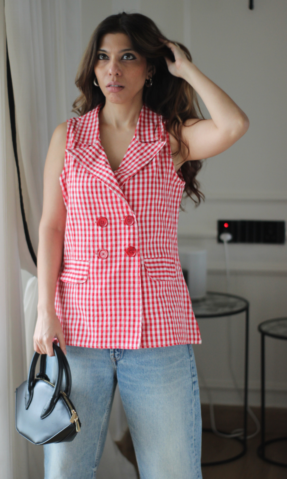 Red Gingham Double-Breasted Waistcoat